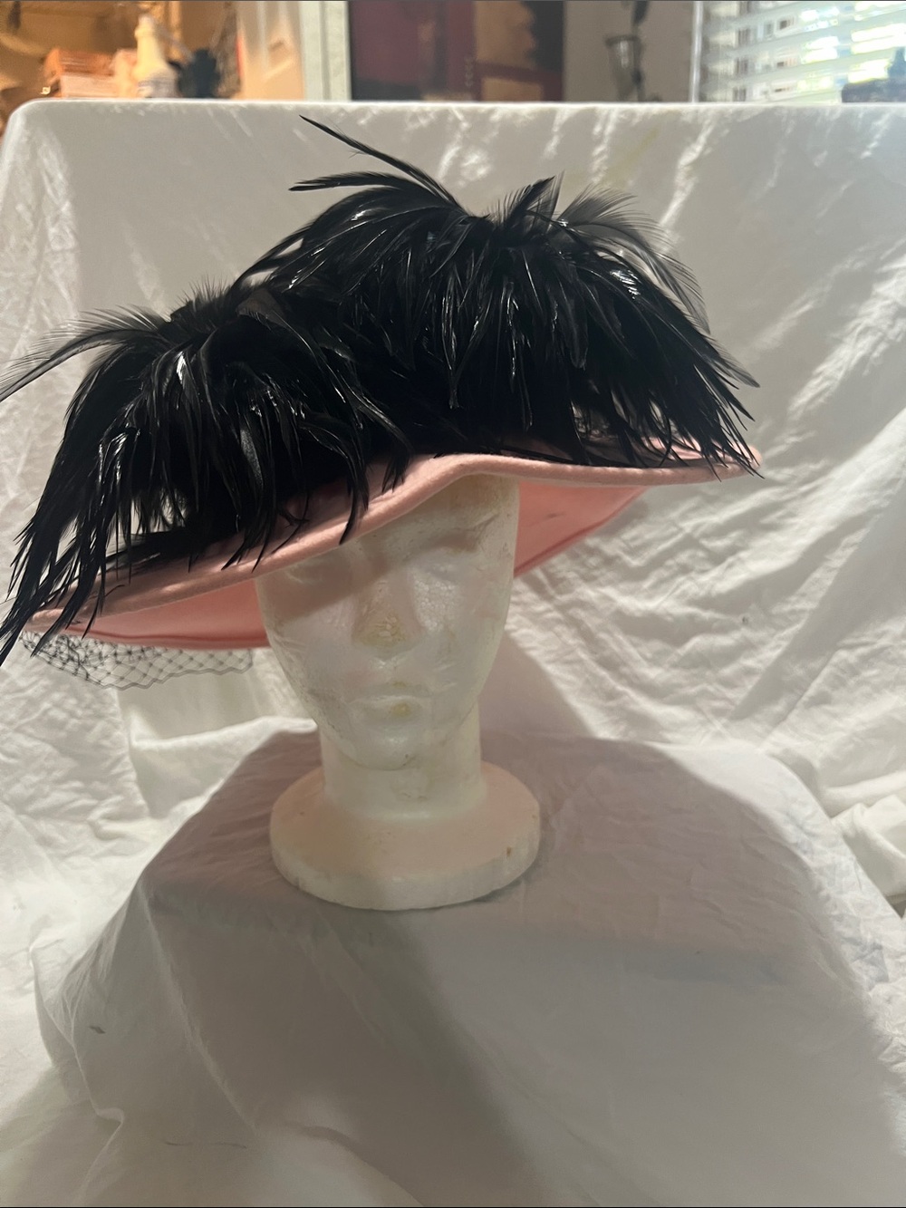 Women's Pink Feather Trim Wide Brim Hat